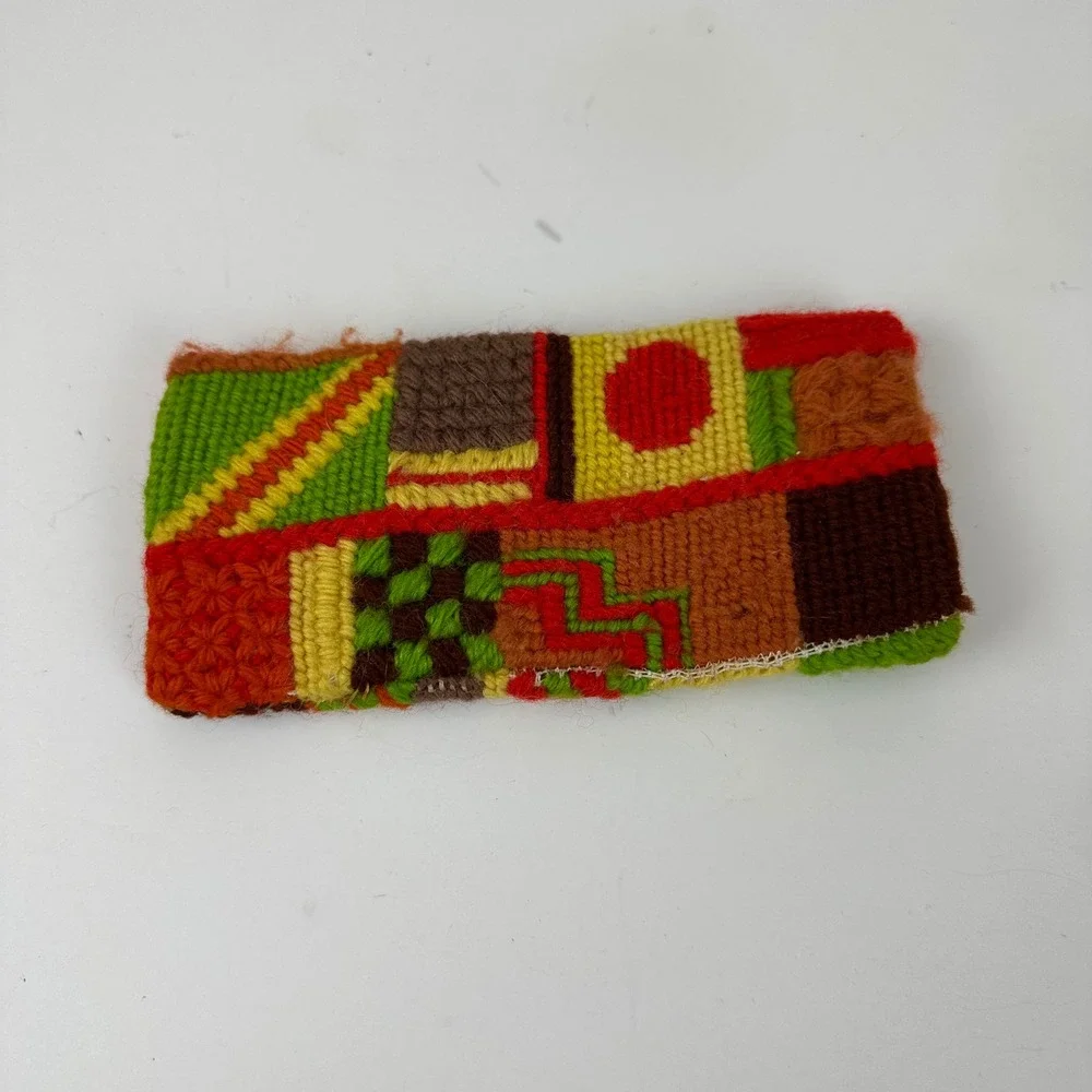 Vintage Handmade Needlepoint Eyeglass Case Retro 70s Geometric Patchwork Multi